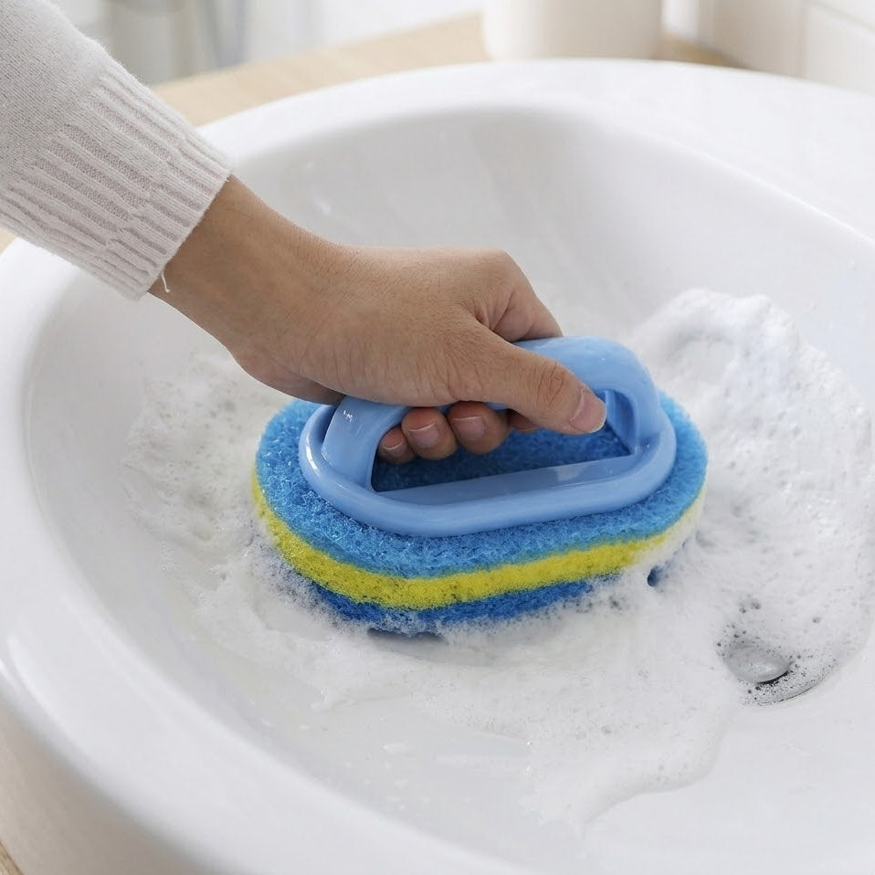 Shopoletcosh Multipurpose Bathroom Cleaning Brush with Handle - Heavy Duty Scrubbing Sponge for Tub, Tile, and Sink, Ergonomic Grip for Effortless Cleaning