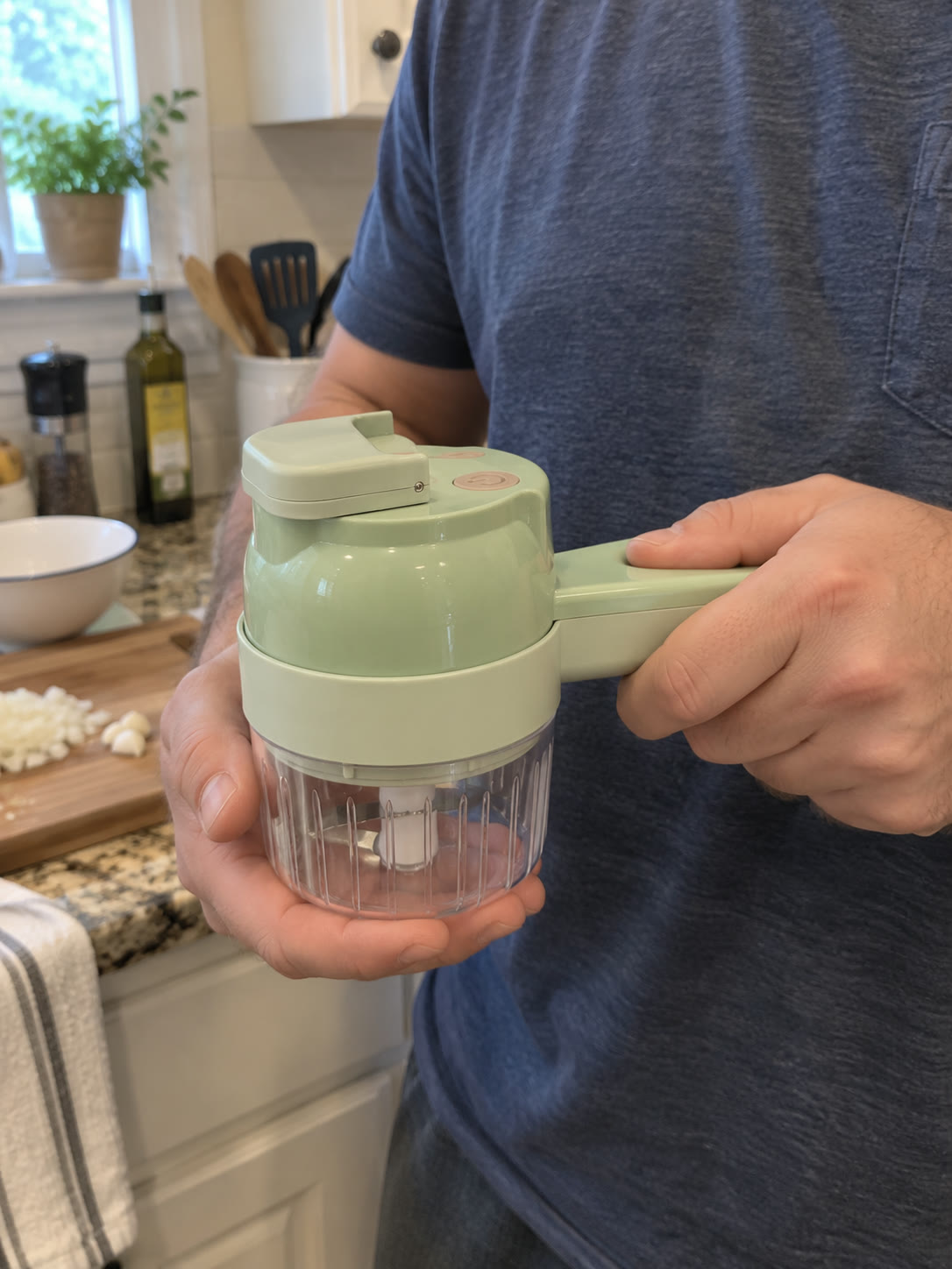 Holding the extended handle while supporting the chopping cup
