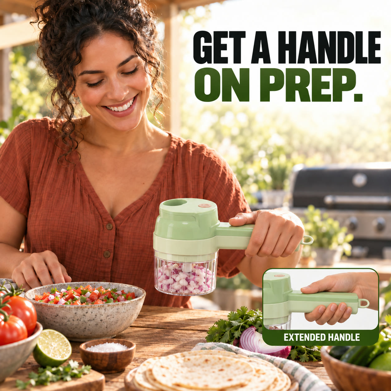 Extended handle providing a dedicated grip above the prep area