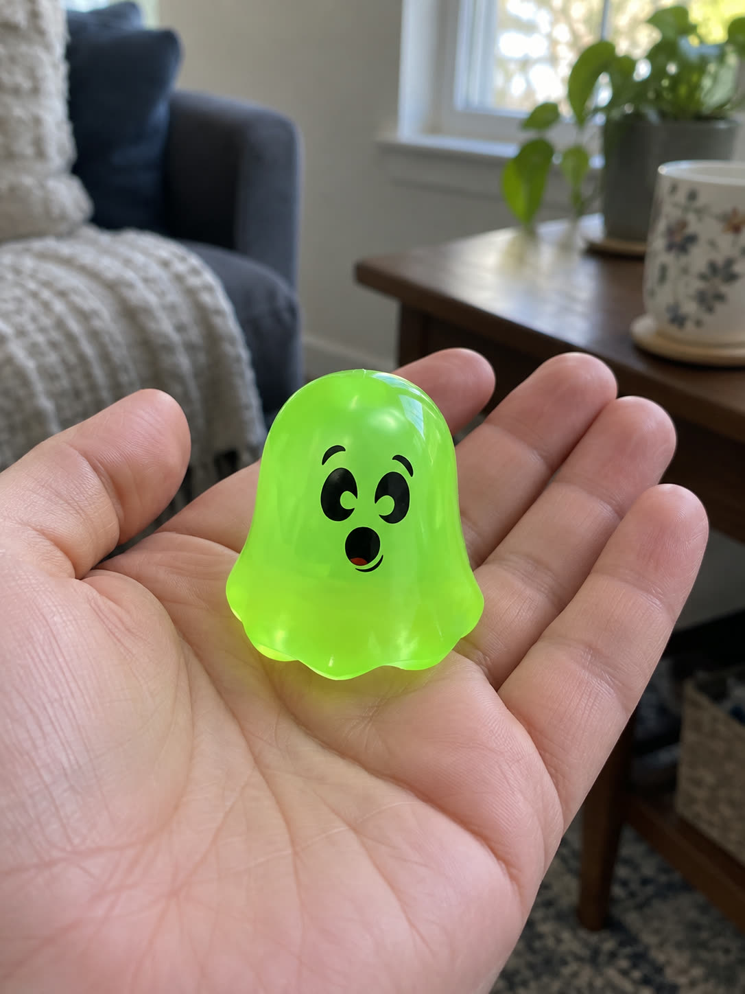 Customer review scene showing the ghost toy in hand near a window