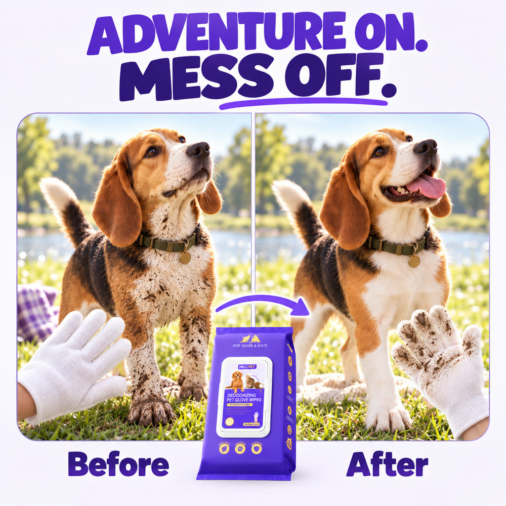 Dog before and after an outdoor mess is wiped away