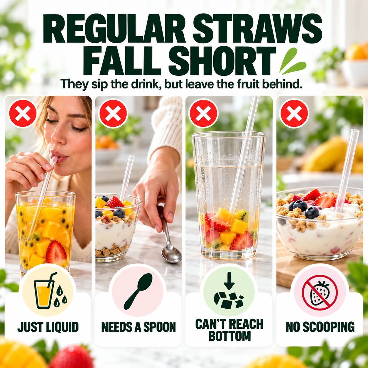 Four limitations of ordinary straws with fruit drinks and yogurt bowls