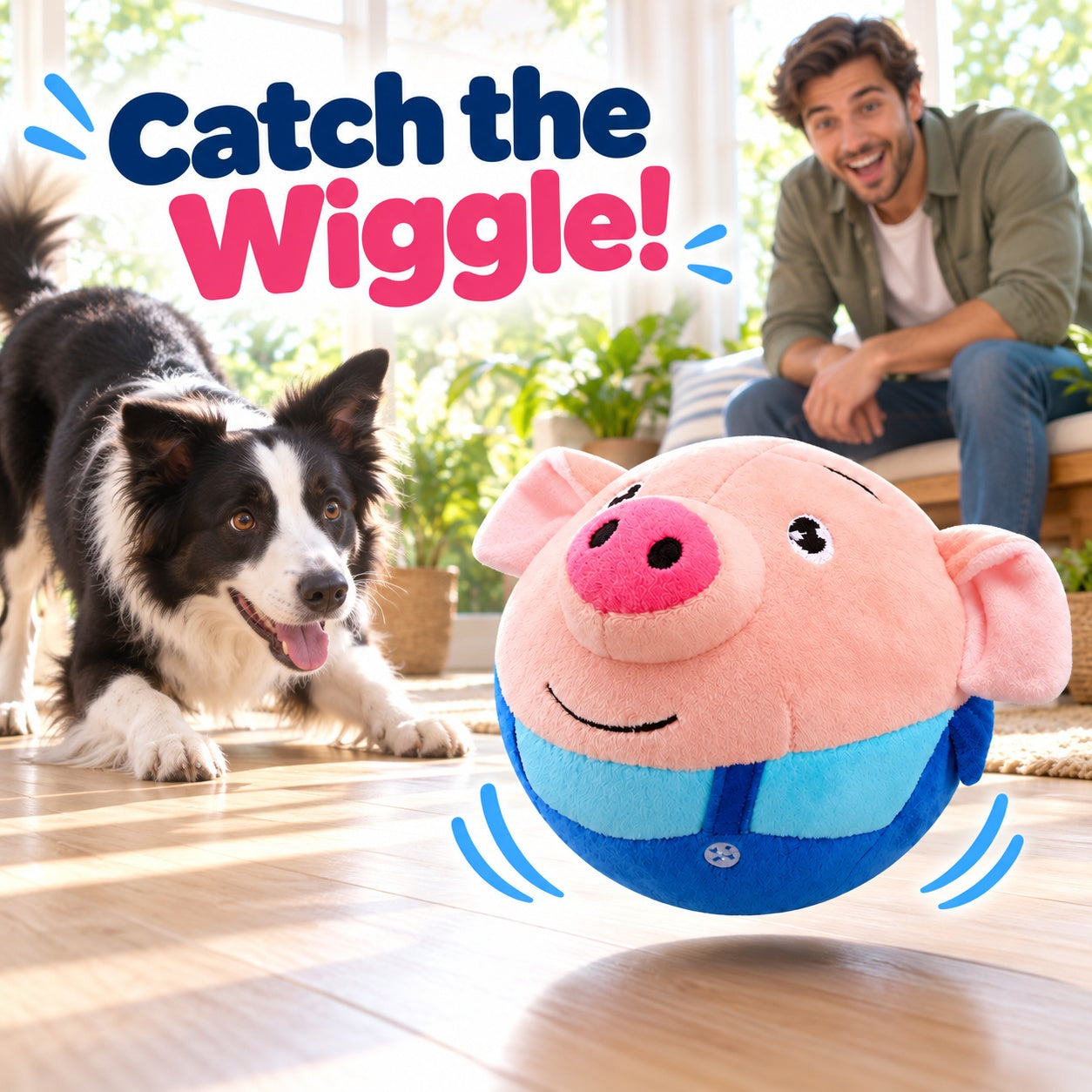 Dog catching the bouncing pig toy