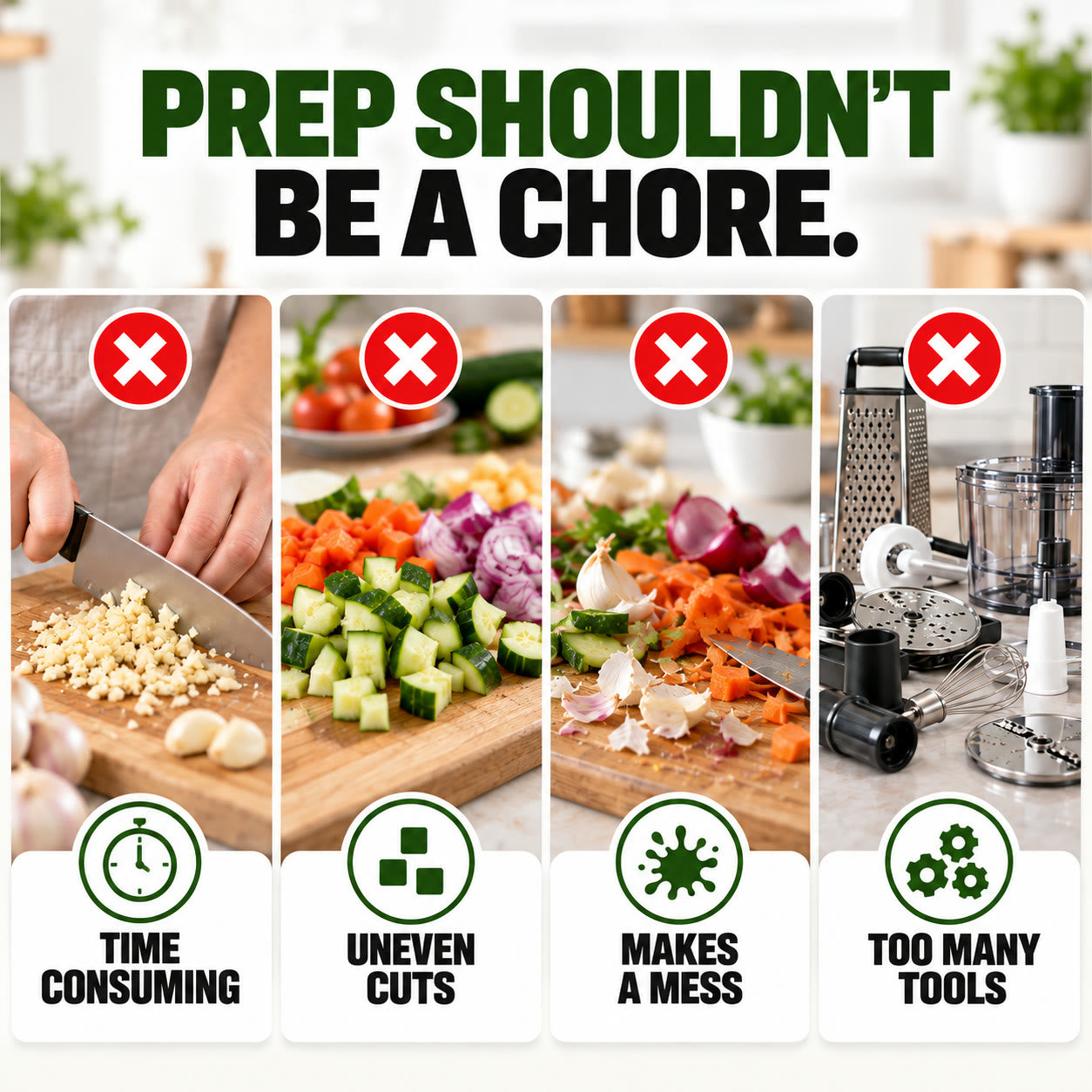 Everyday vegetable prep pain points: tiny chops, multiple cuts, cutting board mess, and tool confusion