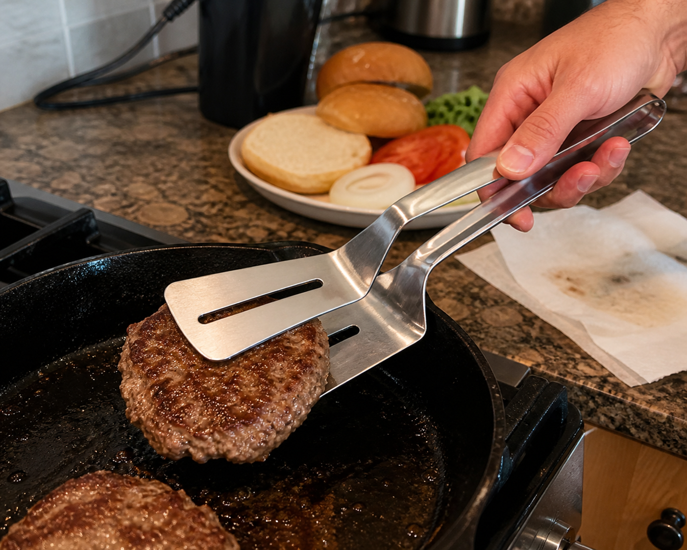 Burger patty lifted with stainless steel grill clamp spatula
