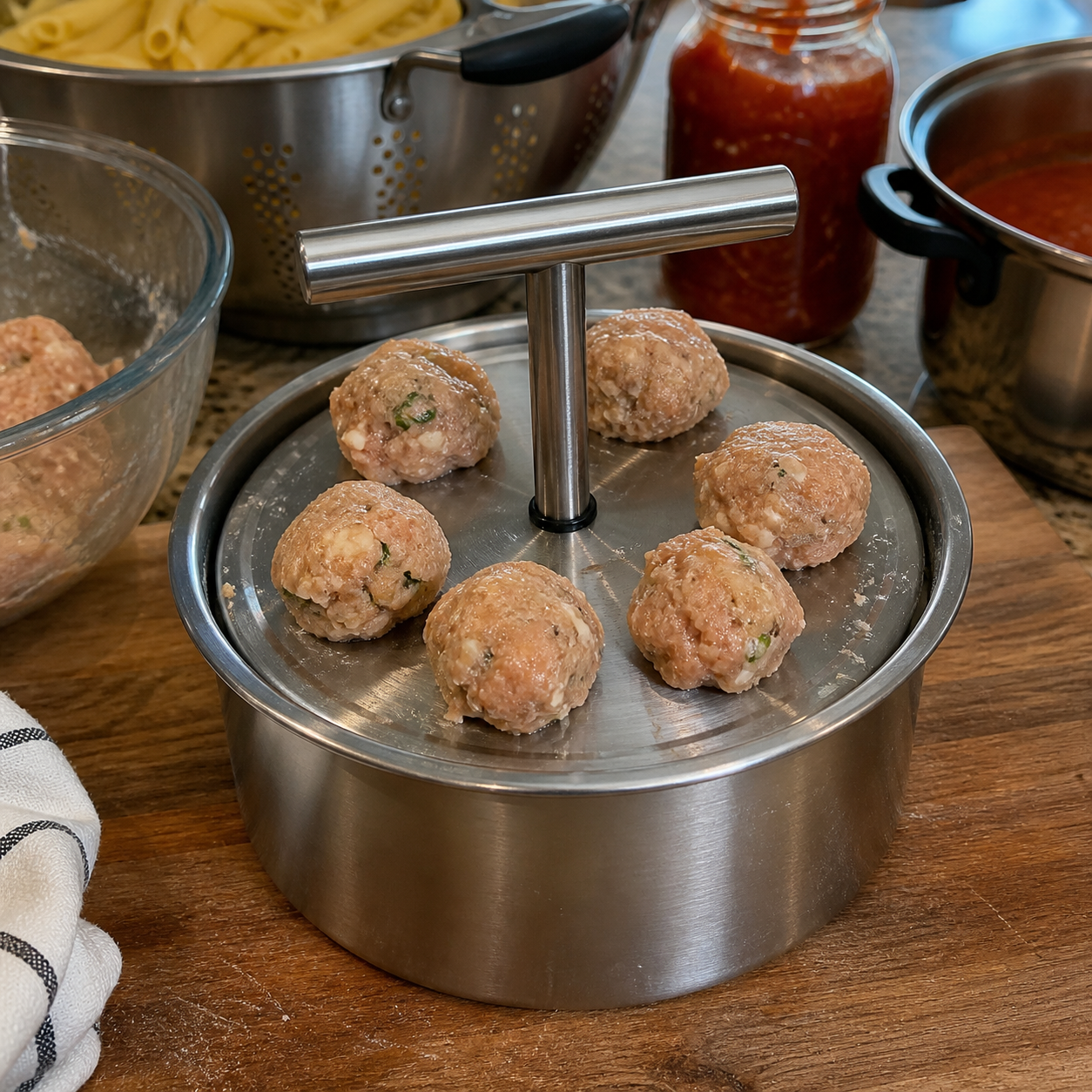 Stainless steel meatball maker used for pasta night prep