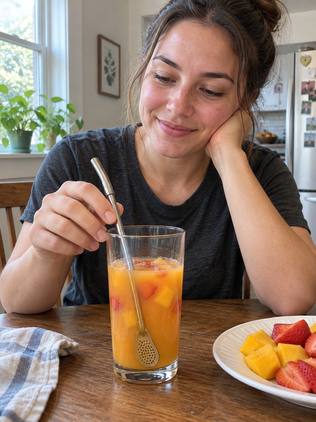 Woman stirring a mango and strawberry fruit juice at home