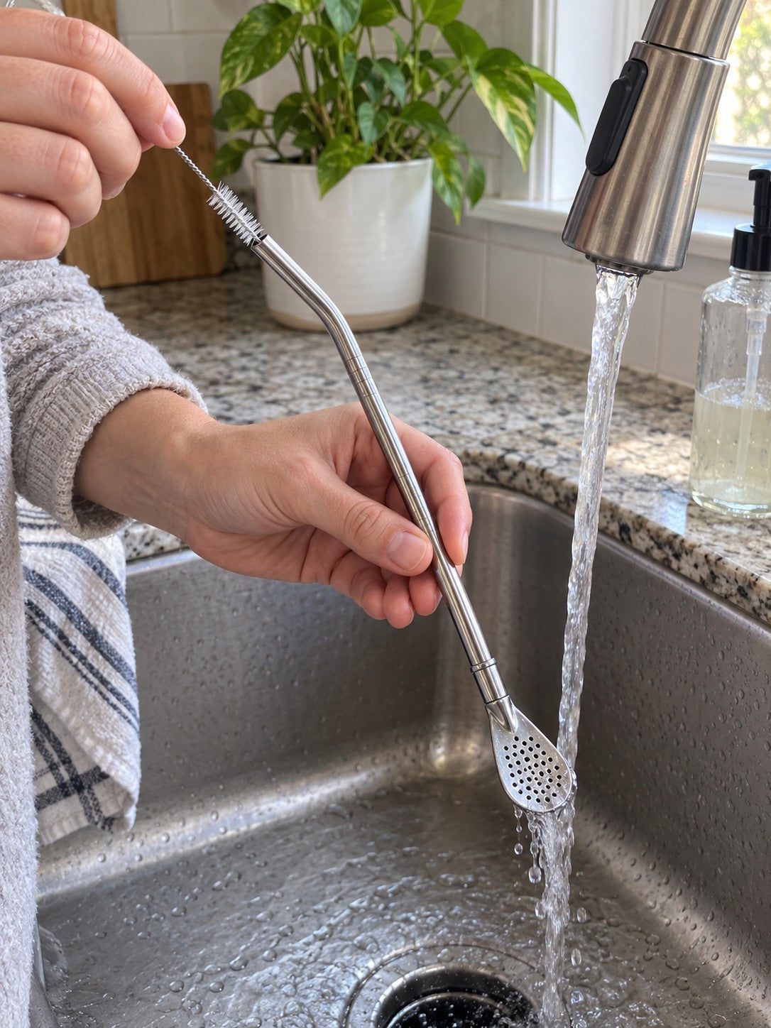 Hands rinsing the perforated spoon head and cleaning the tube with a slim brush