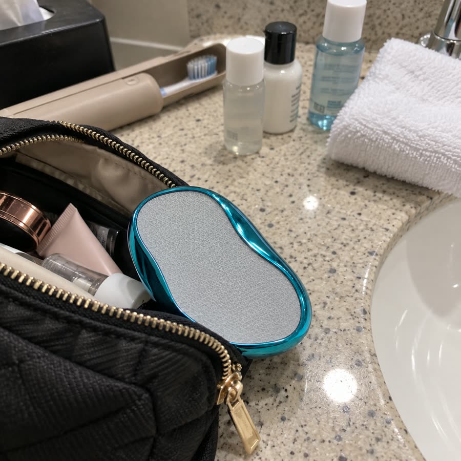 Blue crystal hair eraser packed beside a makeup bag and travel toiletries