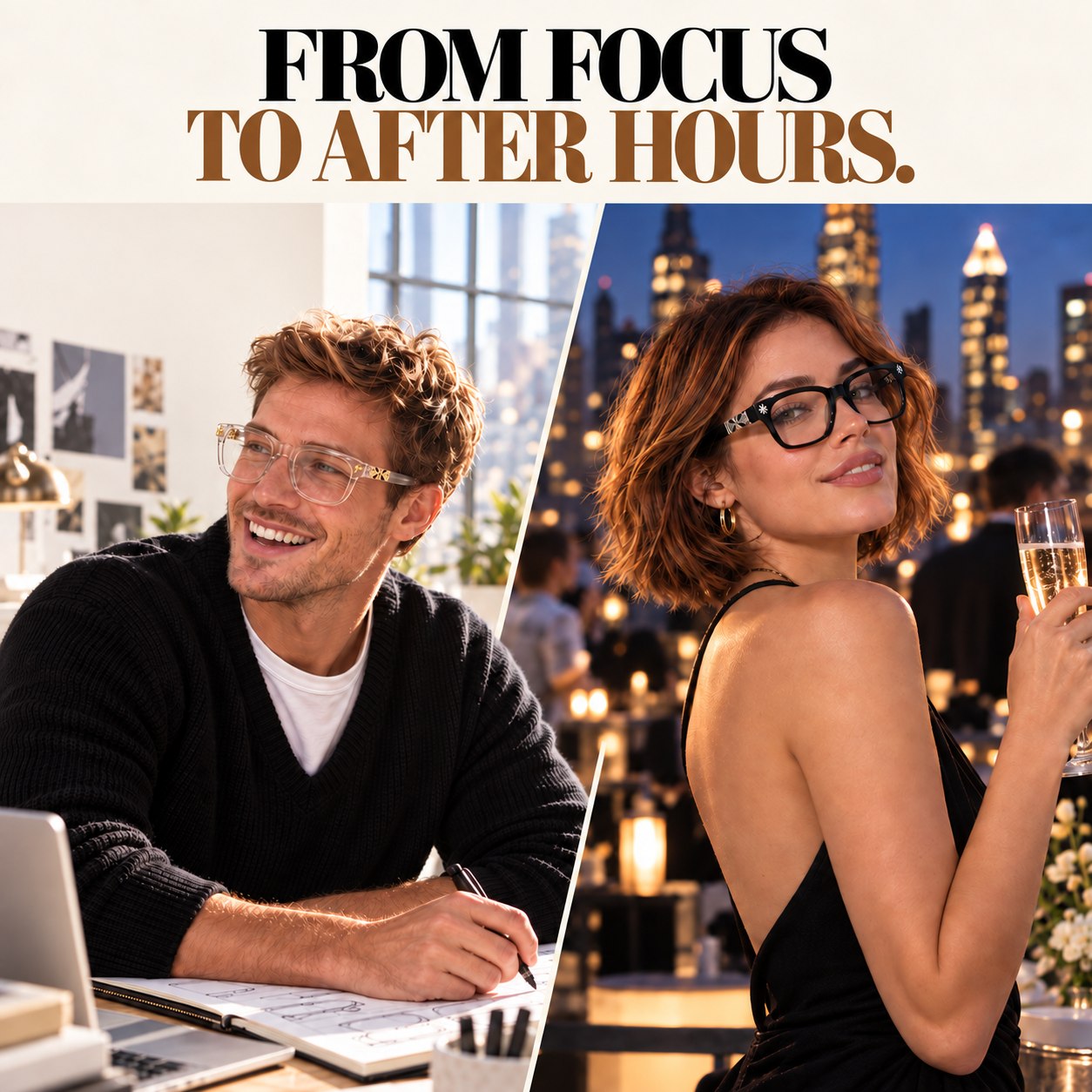 Different models styling the same cross-detail glasses with distinct outfits