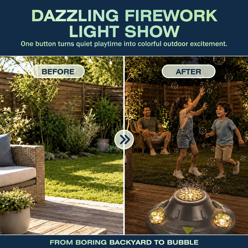Vobblixa® 360° Roaming UFO Bubble Blaster 🛸🫧 – 32-Hole Light-Up Bubble Machine for Nonstop Outdoor Fun