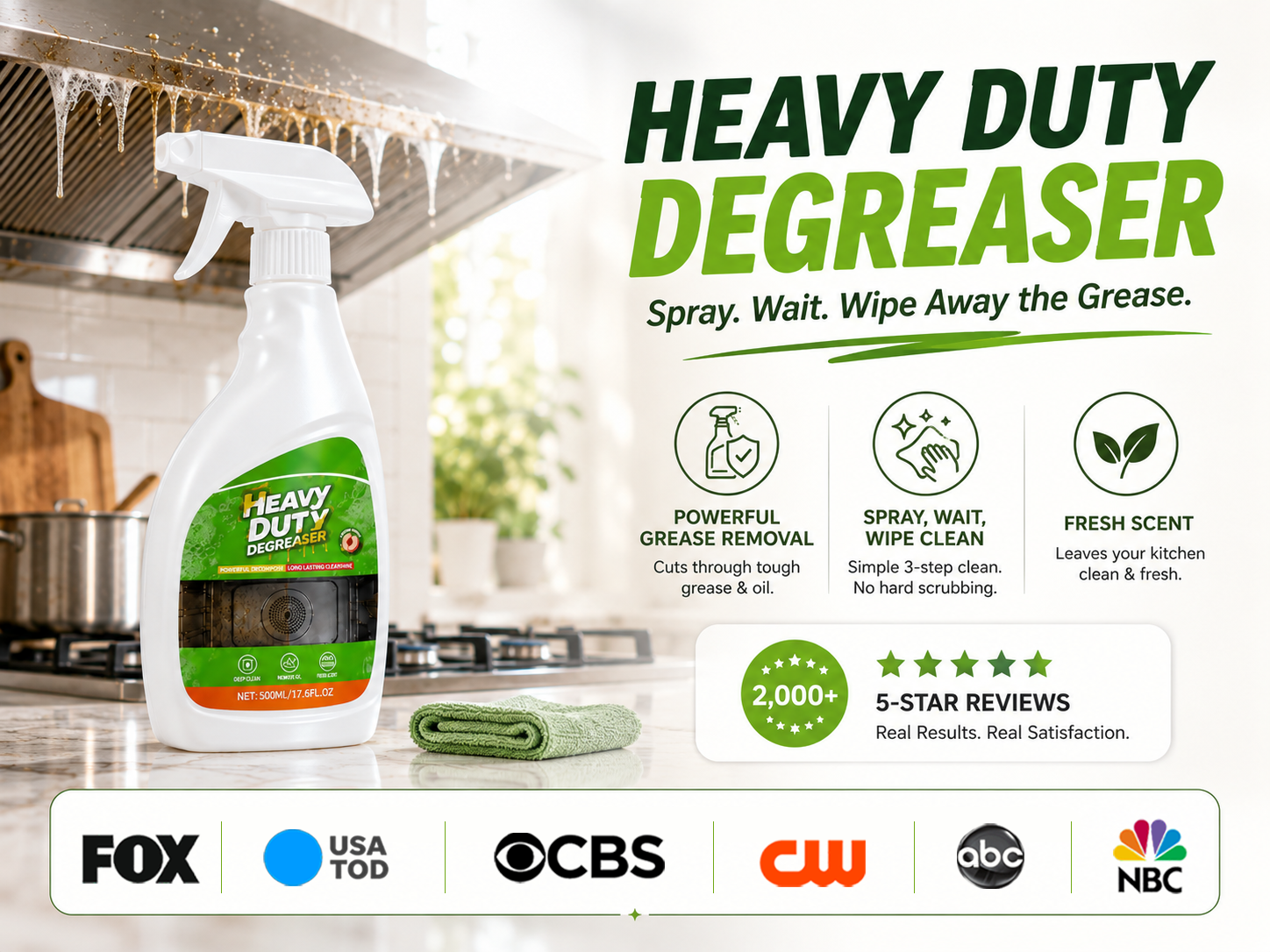 Kitchen degreaser trust proof graphic with product bottle and ratings