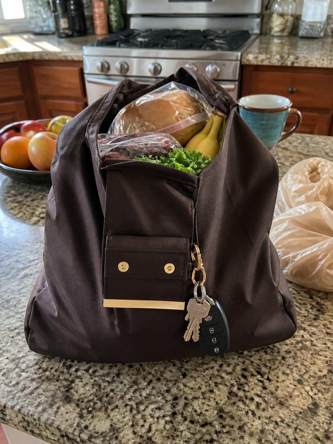 Reusable bag packed with groceries