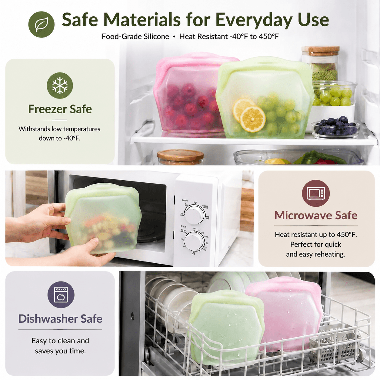 Vorylune® 5-Pack Reusable Stand-Up Silicone Food Storage Bags（upsell）
