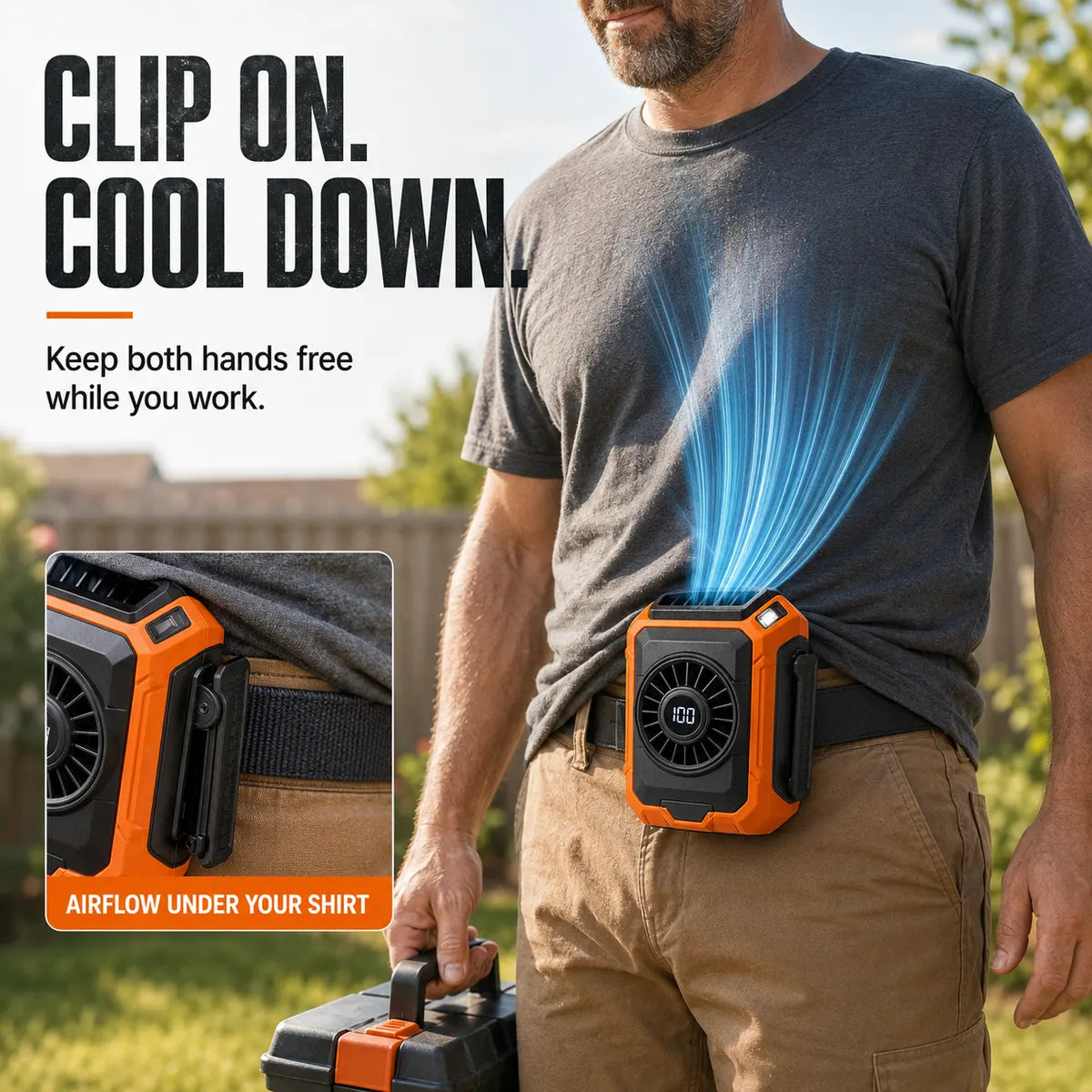 HeatShield® 🌬️ ☀️ Portable Waist Clip Fan—100-Speed Hands-Free Cooling