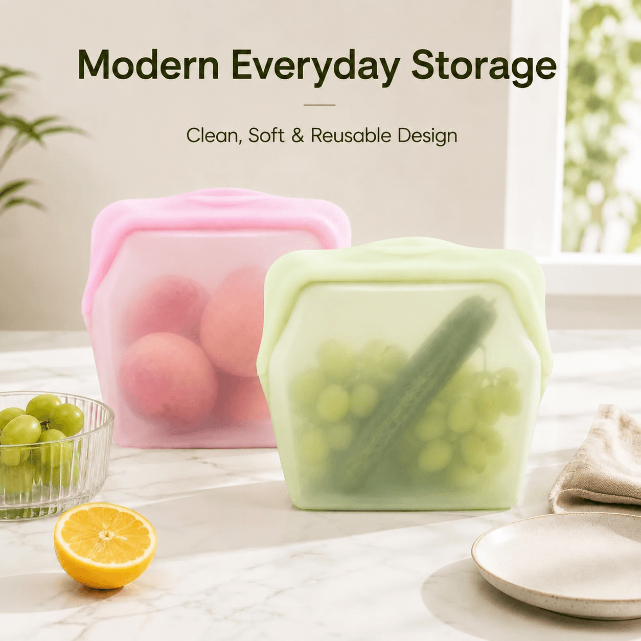 Vorylune® 5-Pack Reusable Stand-Up Silicone Food Storage Bags（upsell）