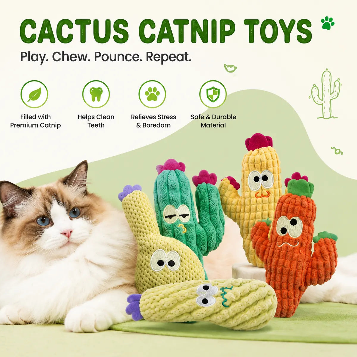 PAWSIBLE® 🌵 🐾 Organic Catnip Cactus Toys — 5-Pack for Indoor Cats