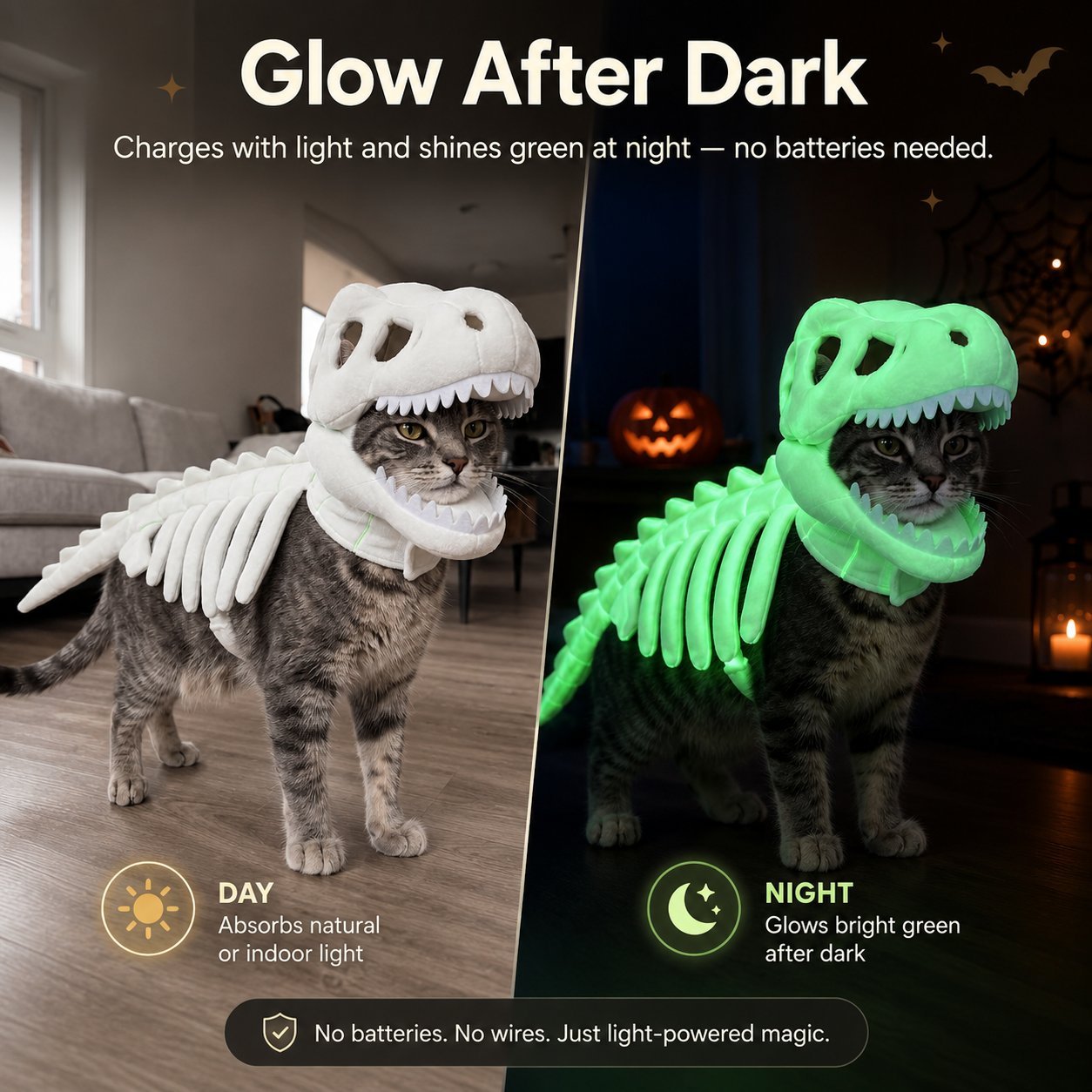Day and night glow comparison for dinosaur skeleton cat costume