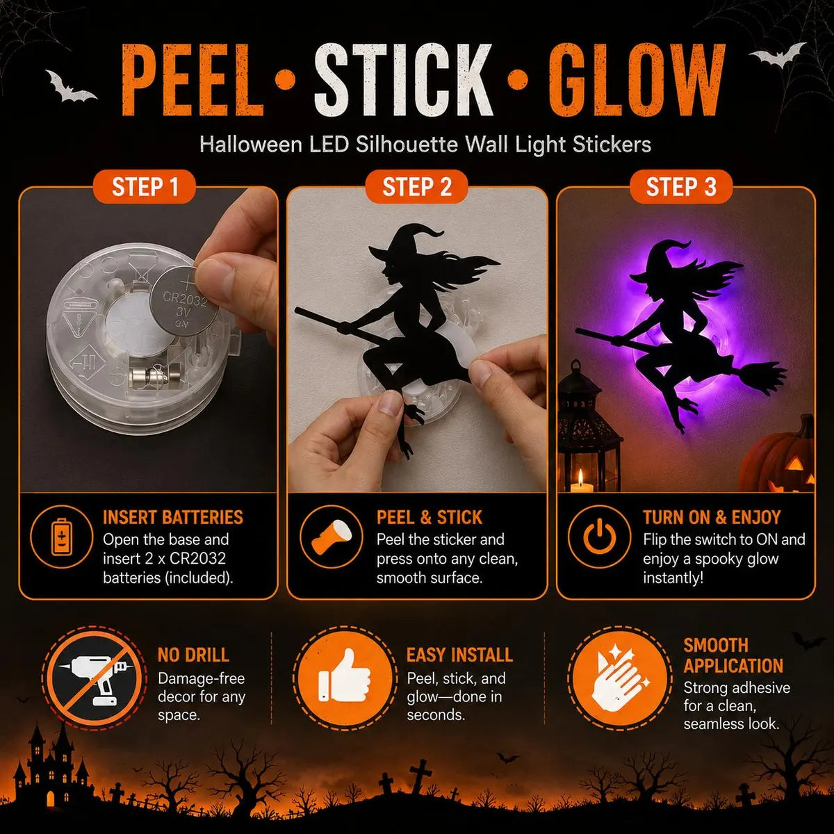 Peel and stick Halloween LED silhouette light detail