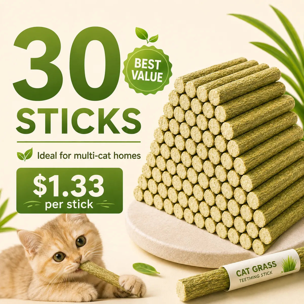 PurrSprout®-CAT GRASS TEETHING STICK 🐱 🌿 A Tasty Cat-Grass Chew for Treating, Chewing & Play