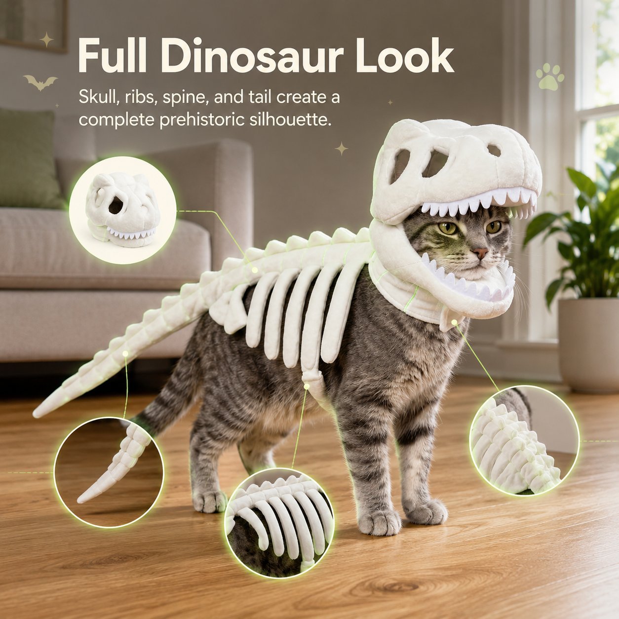 Full dinosaur skeleton pet costume with skull, ribs, spine and tail