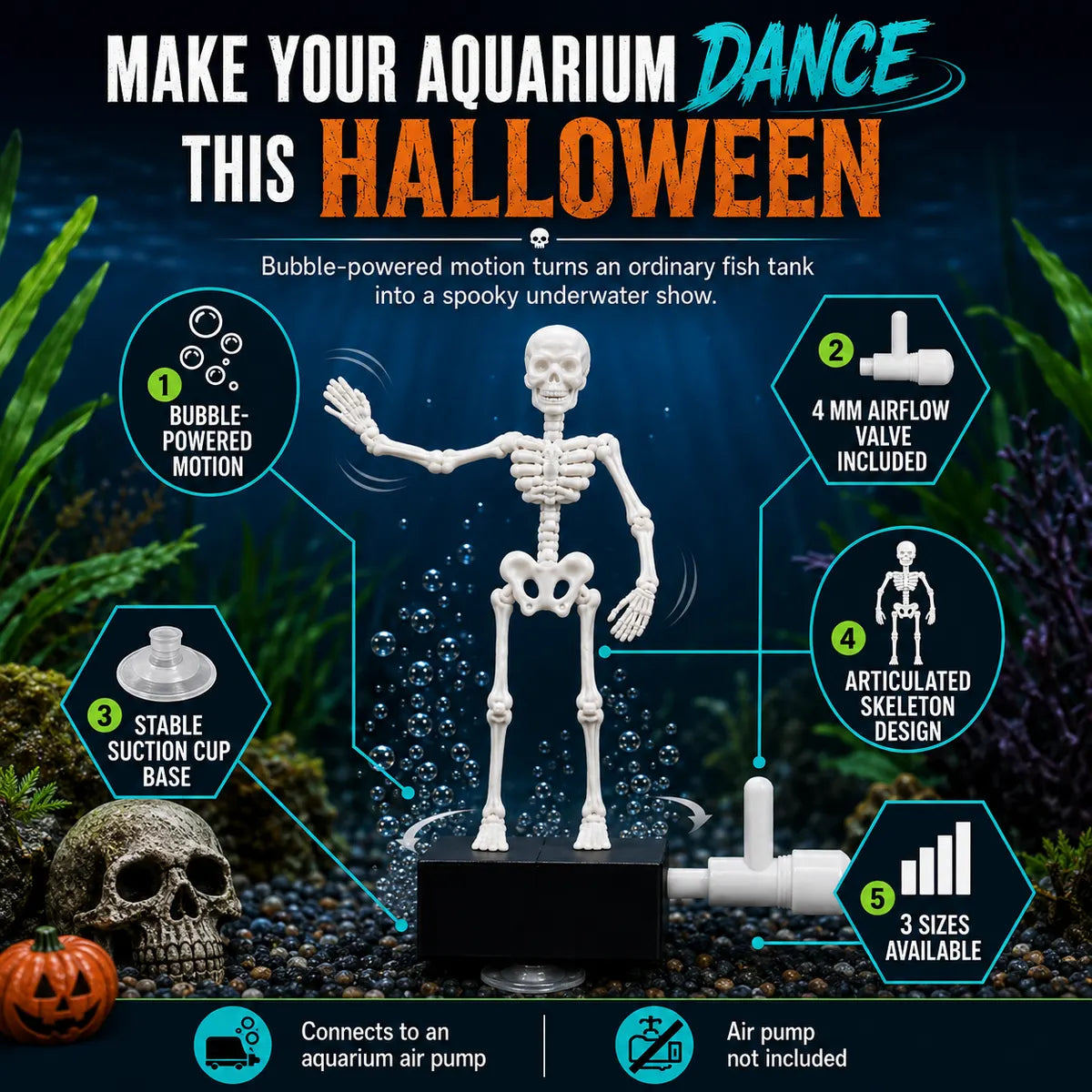 HJCICYH® 💀 🫧 Air-Driven Dancing Skeleton Aquarium Ornament