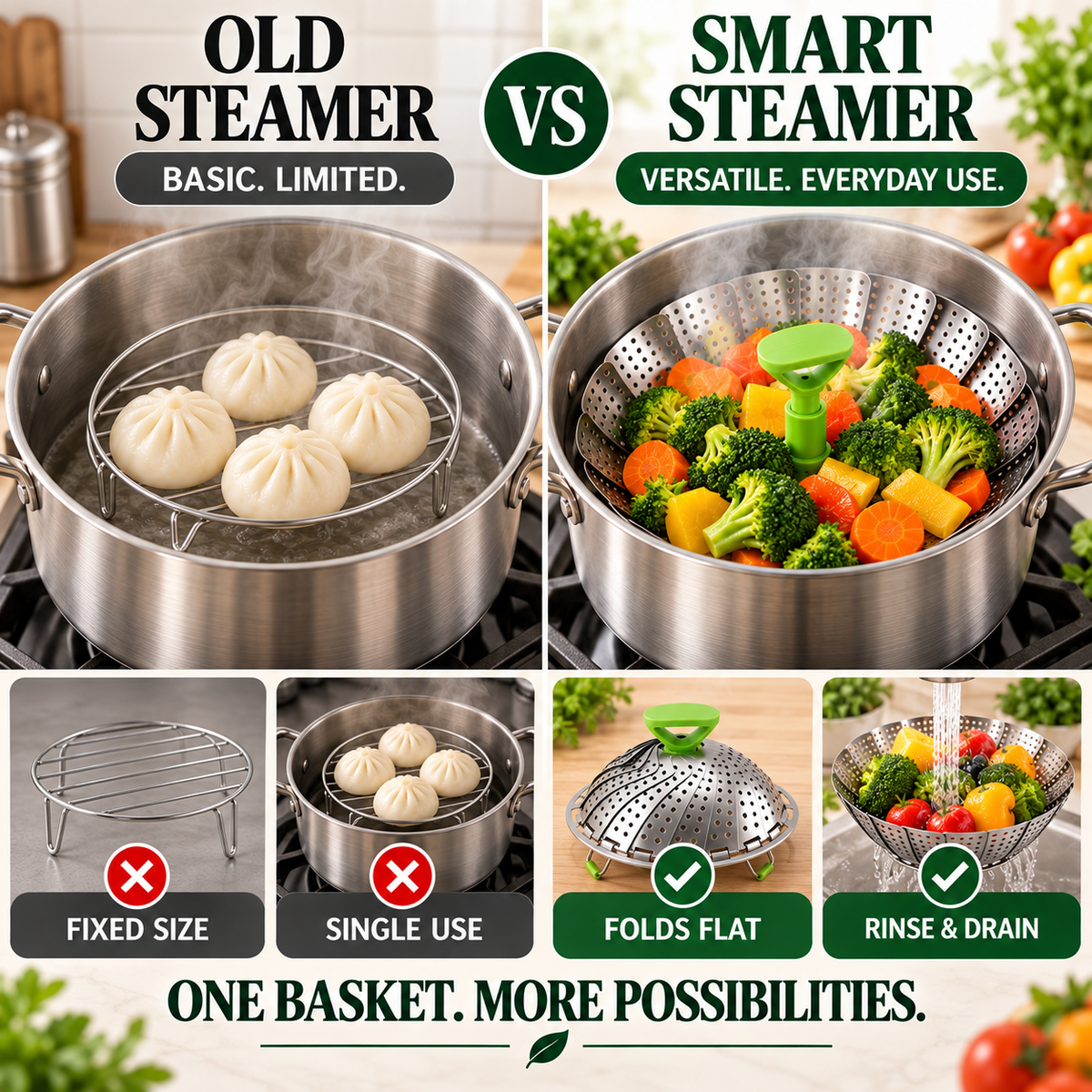 🔥Flash Deal 70% – Adjustable Stainless Steel Steamer Basket