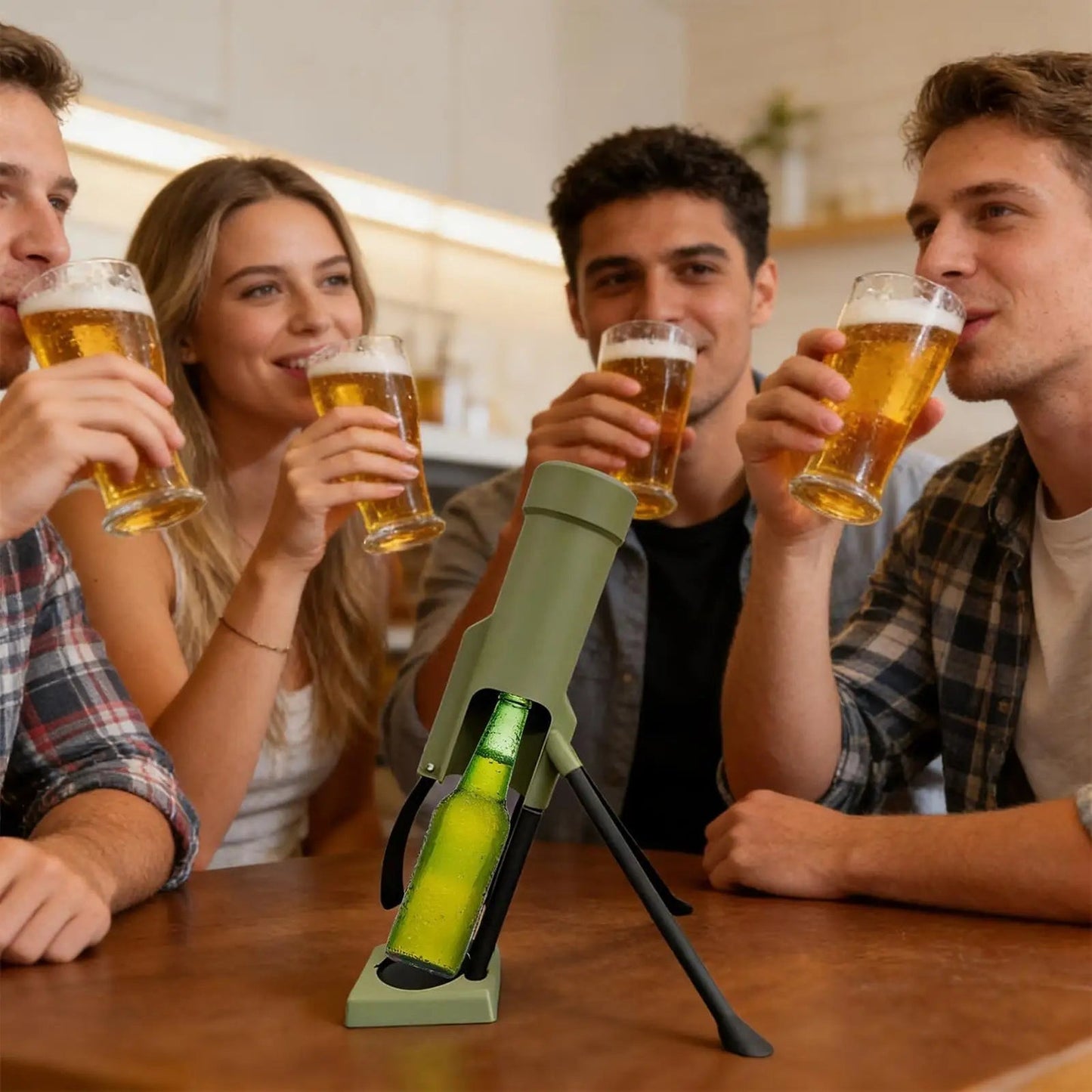 Friends enjoying drinks with the mortar-style bottle opener