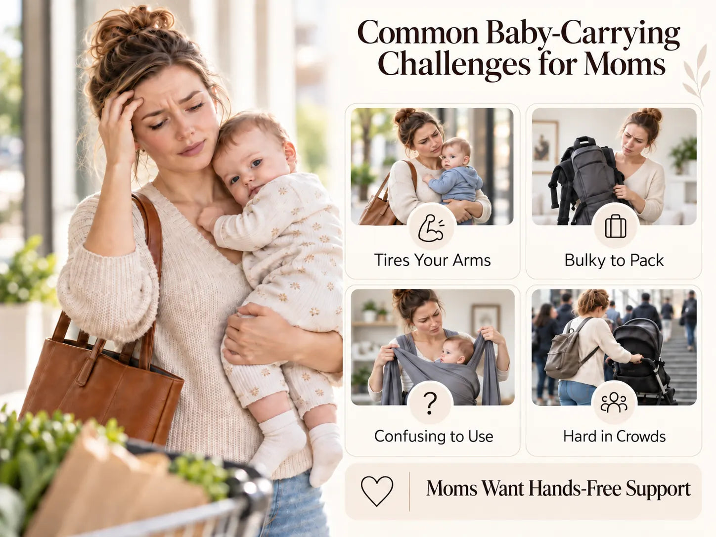 Common baby-carrying challenges for moms with multiple everyday pain point scenes