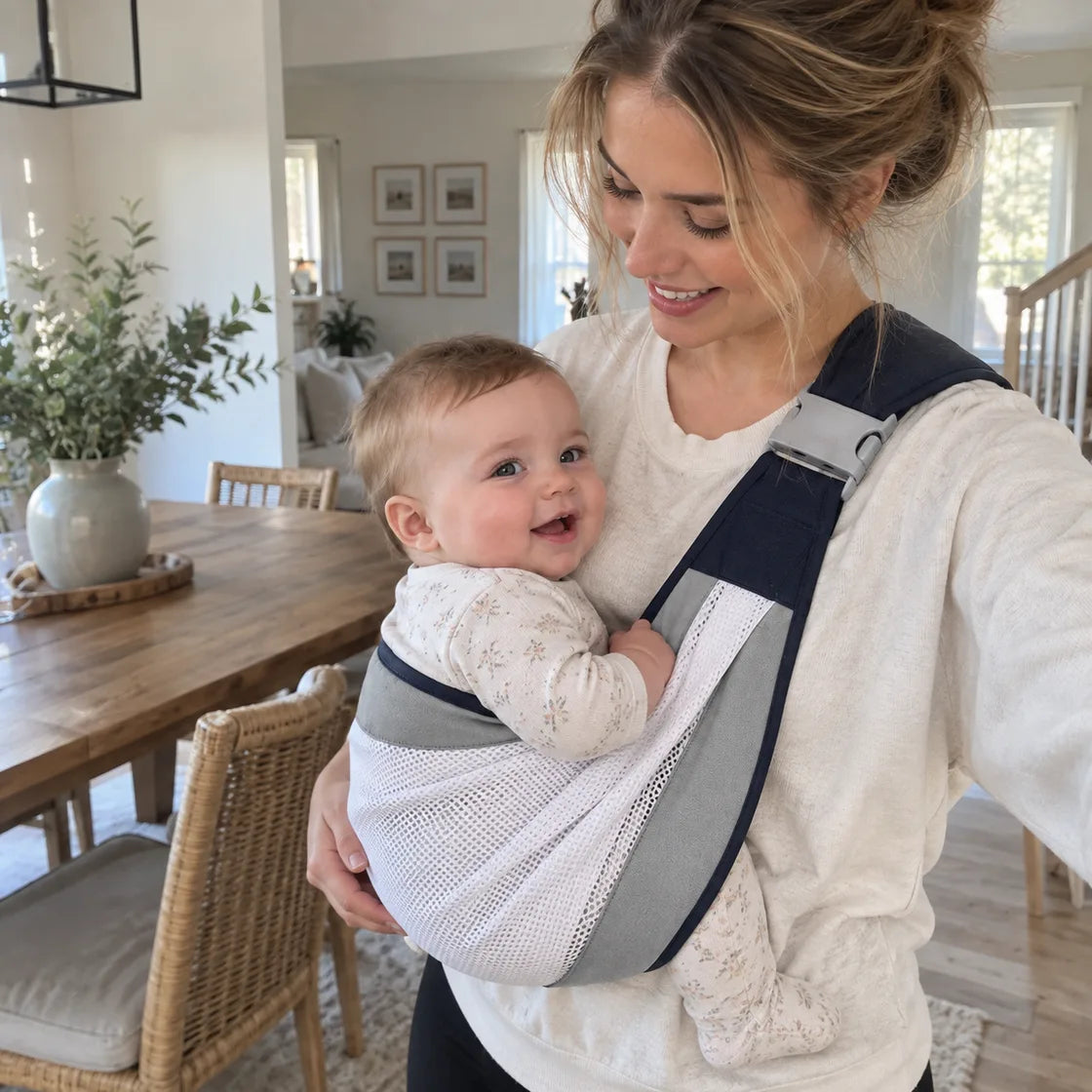 Our breathable mesh baby sling carrier keeping baby close with light hands-free support