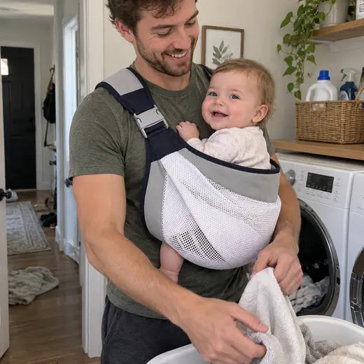 Father wearing the mesh baby sling carrier while folding laundry