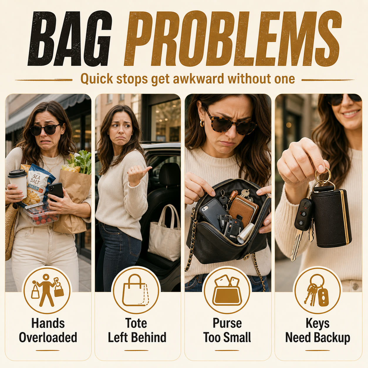 Bag problems panel showing overloaded hands forgotten tote small purse and backup keys