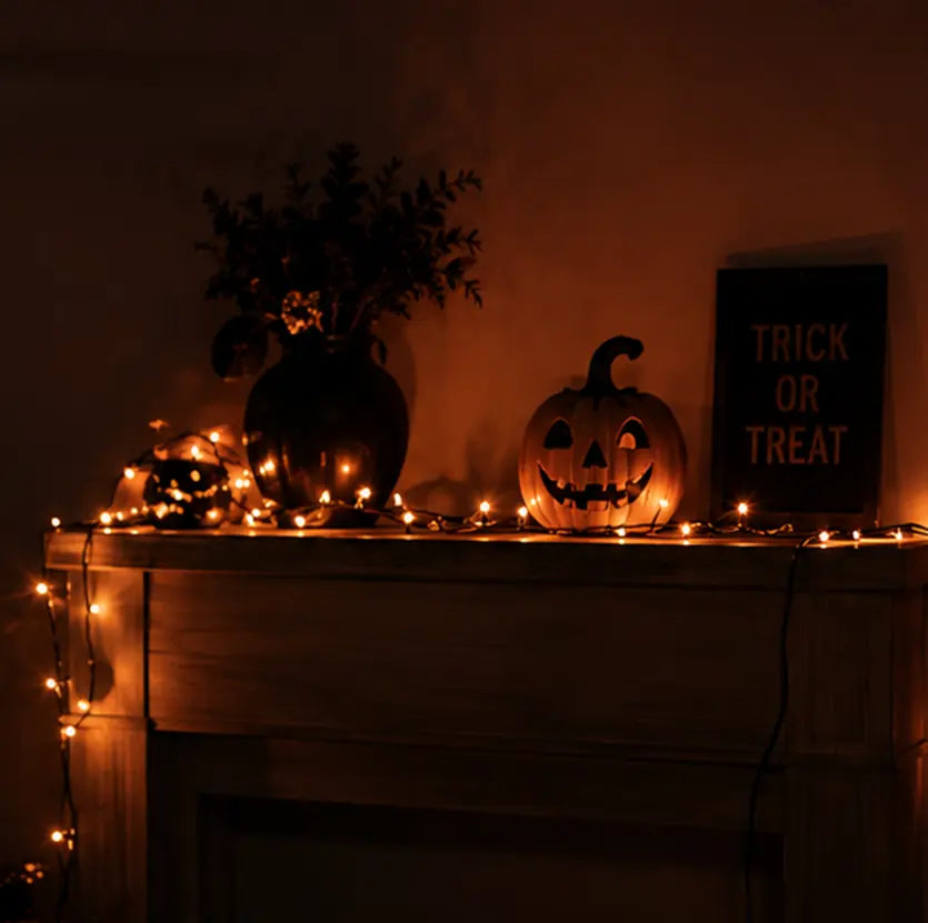 Ordinary Halloween mantel decor with string lights before comparison