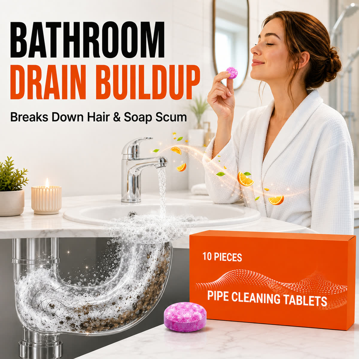 Bathroom drain hair and soap scum buildup