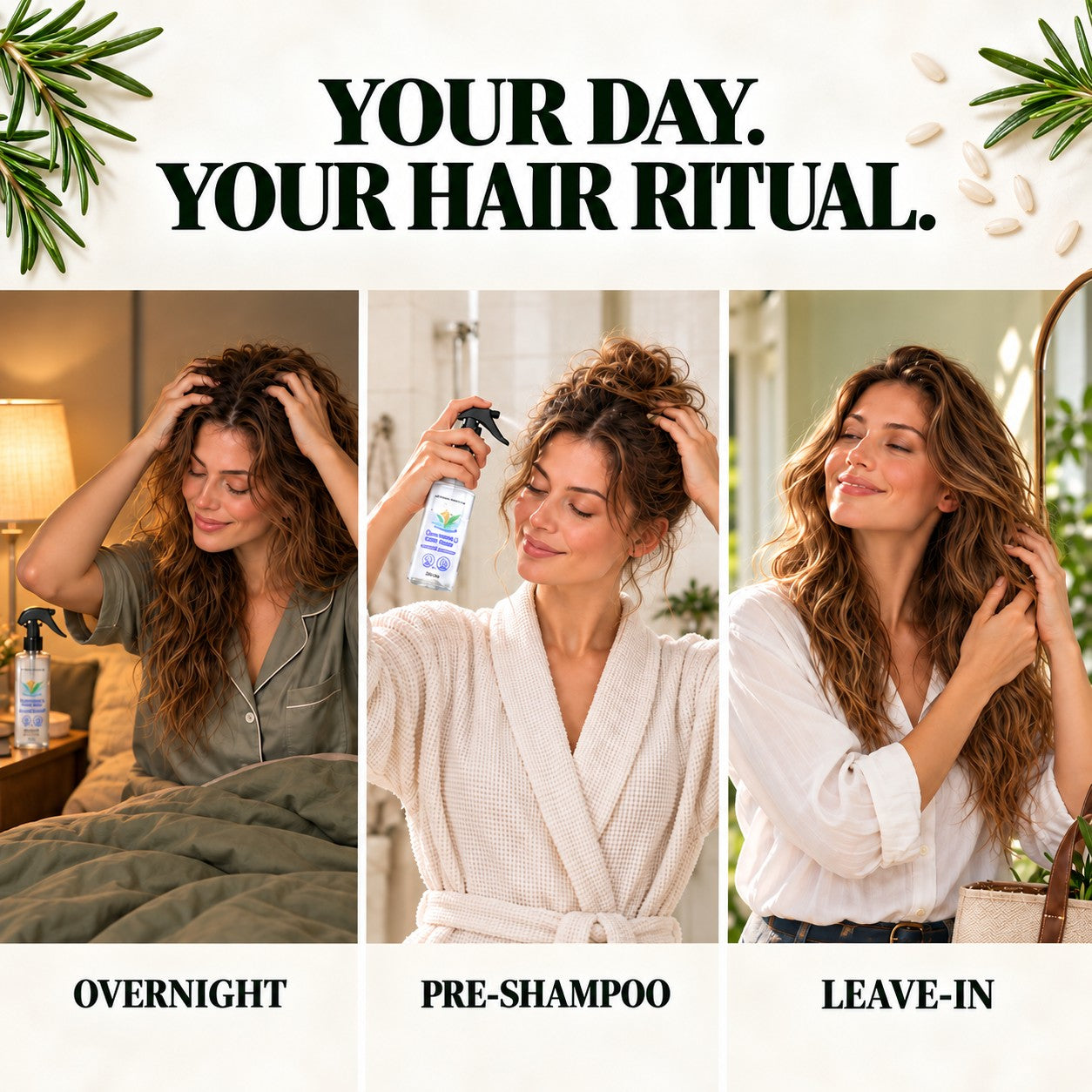 Overnight, pre-shampoo and leave-in scalp and hair mist uses