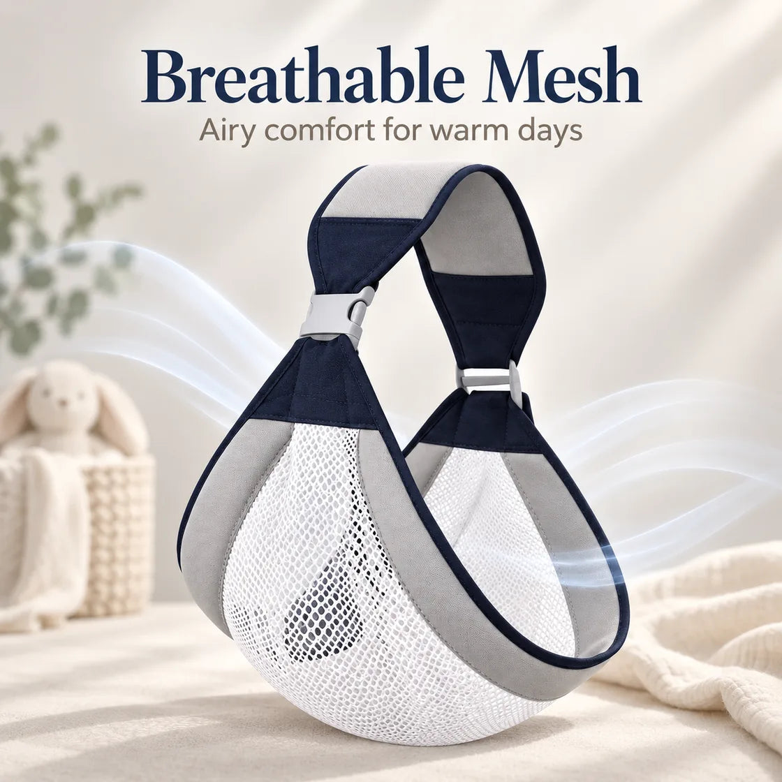 Gray mesh baby sling carrier showing breathable mesh and airy comfort for warm days