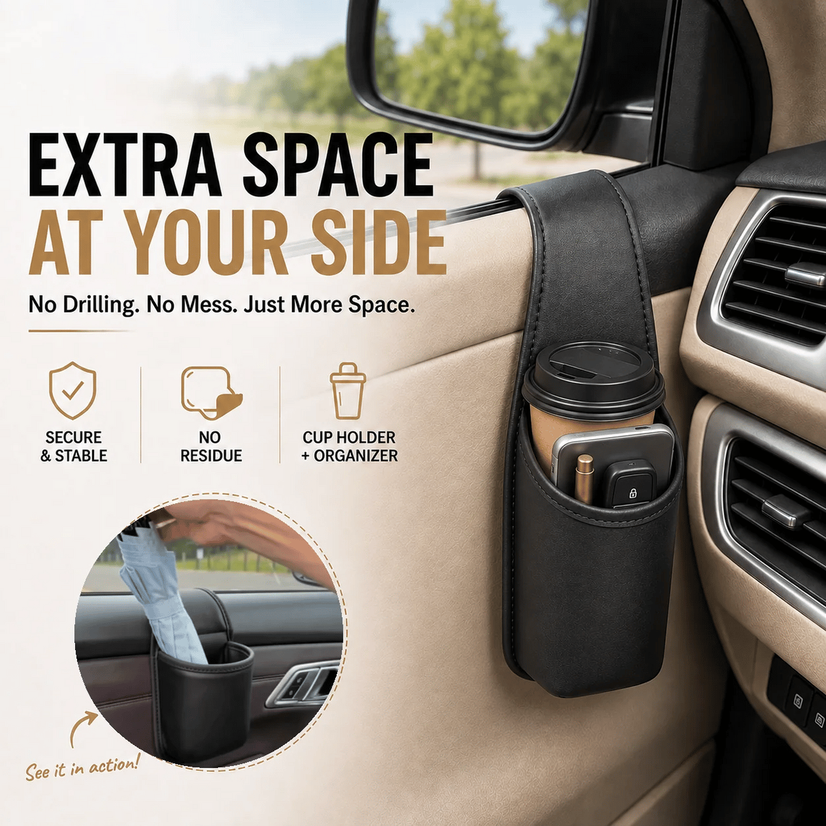 🚗 Tavelyq® Removable Nano Gel Car Door Storage Pocket & Cup Holder