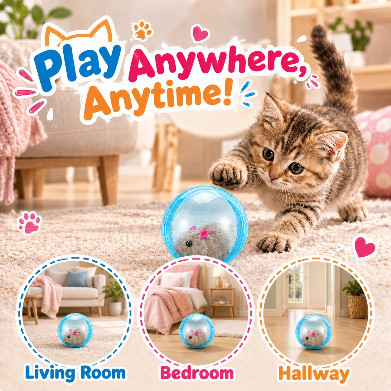 Self-rolling cat ball for living room bedroom hallway and open floor play