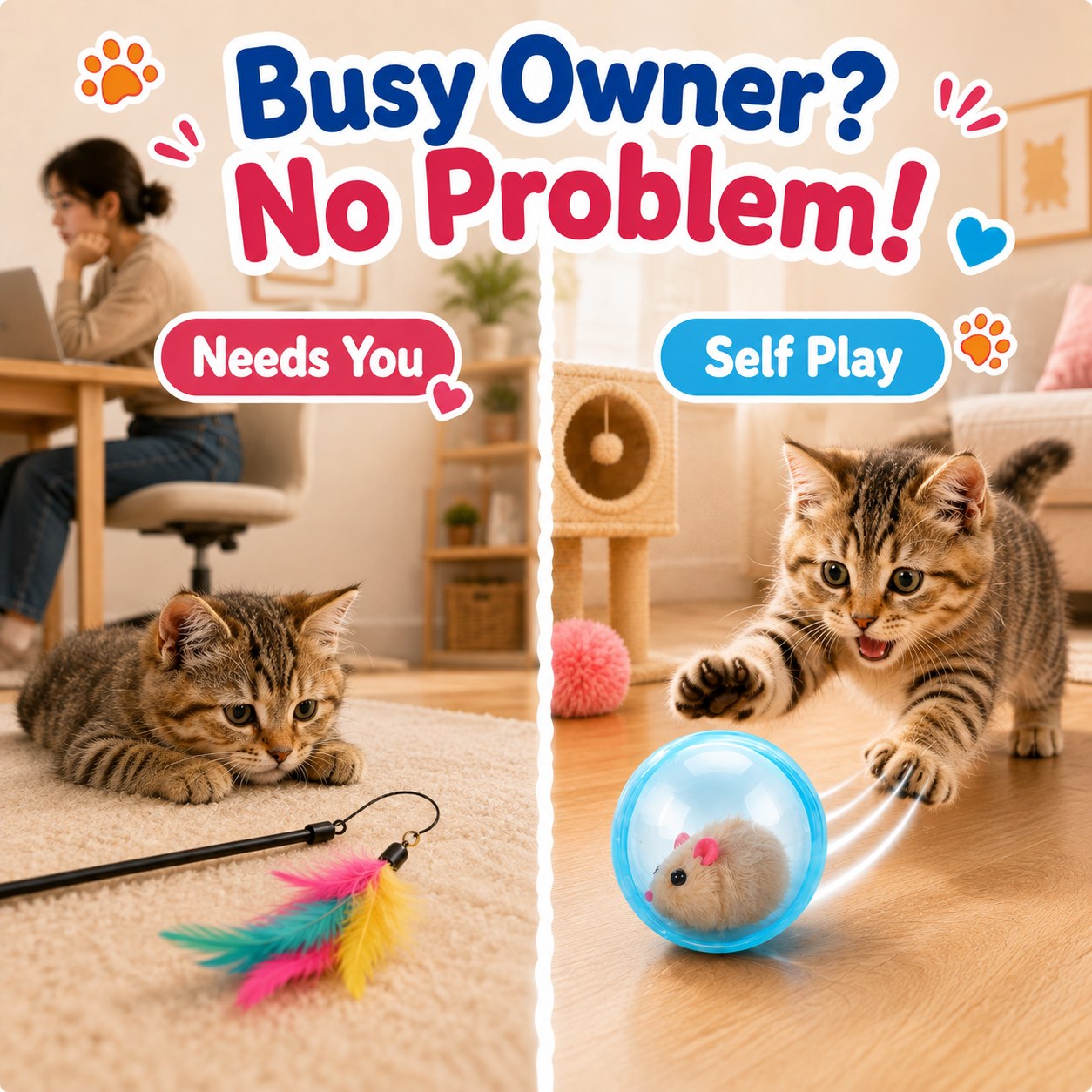 Static toy versus moving self-rolling cat ball comparison