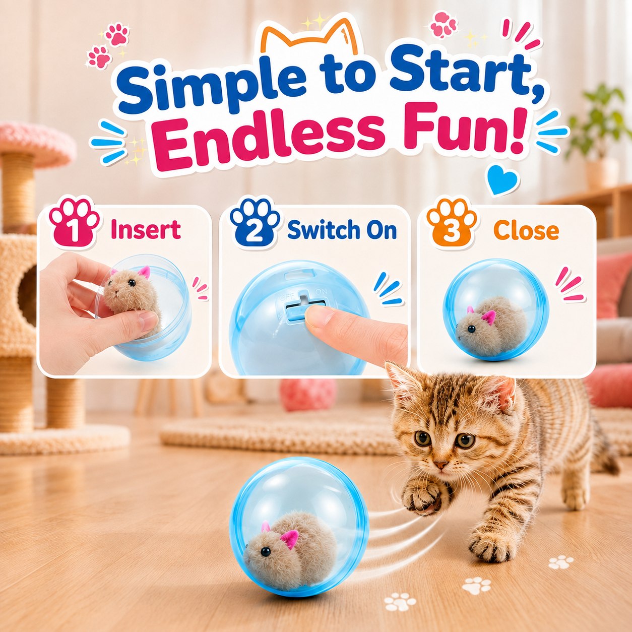 Simple setup steps for the self-rolling cat ball