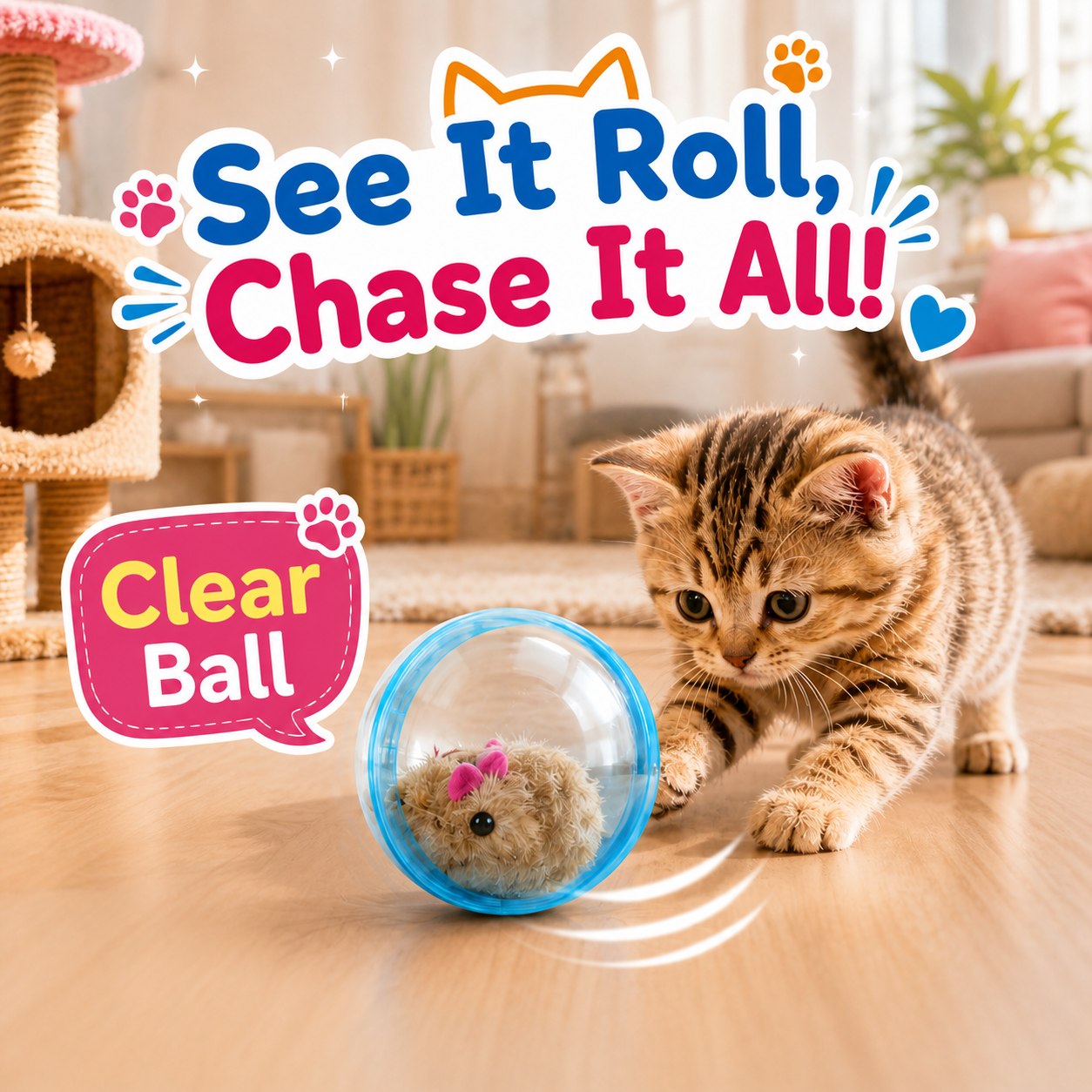 Clear shell design keeps the plush prey visible while rolling