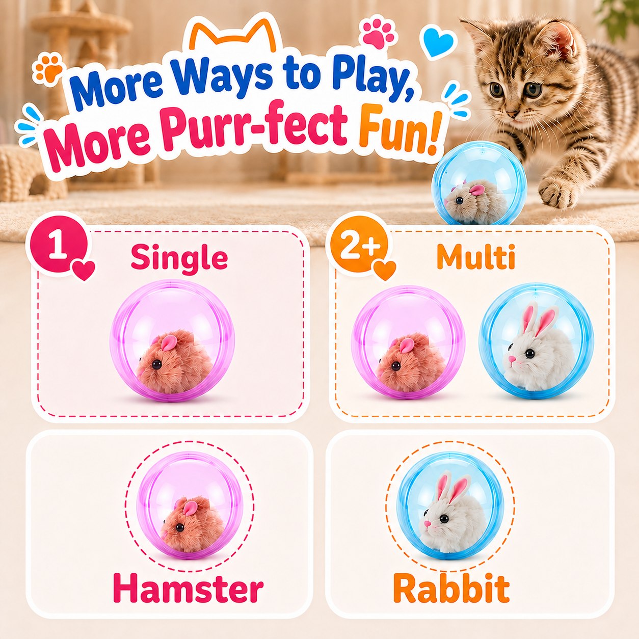 Self-rolling cat ball play sets and character options
