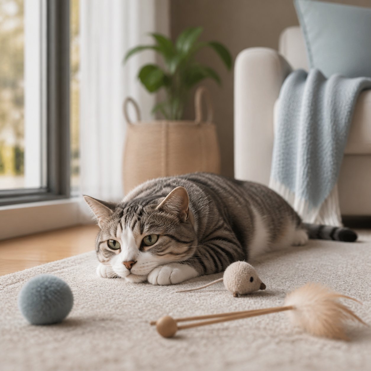 Bored indoor cat ignoring still toys