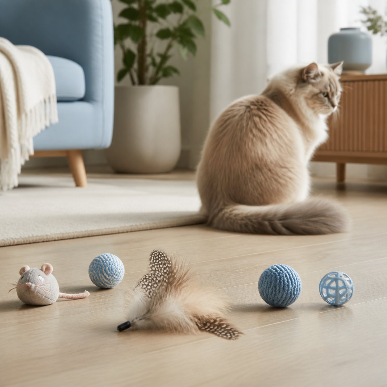 Cat looking away from ignored static toys