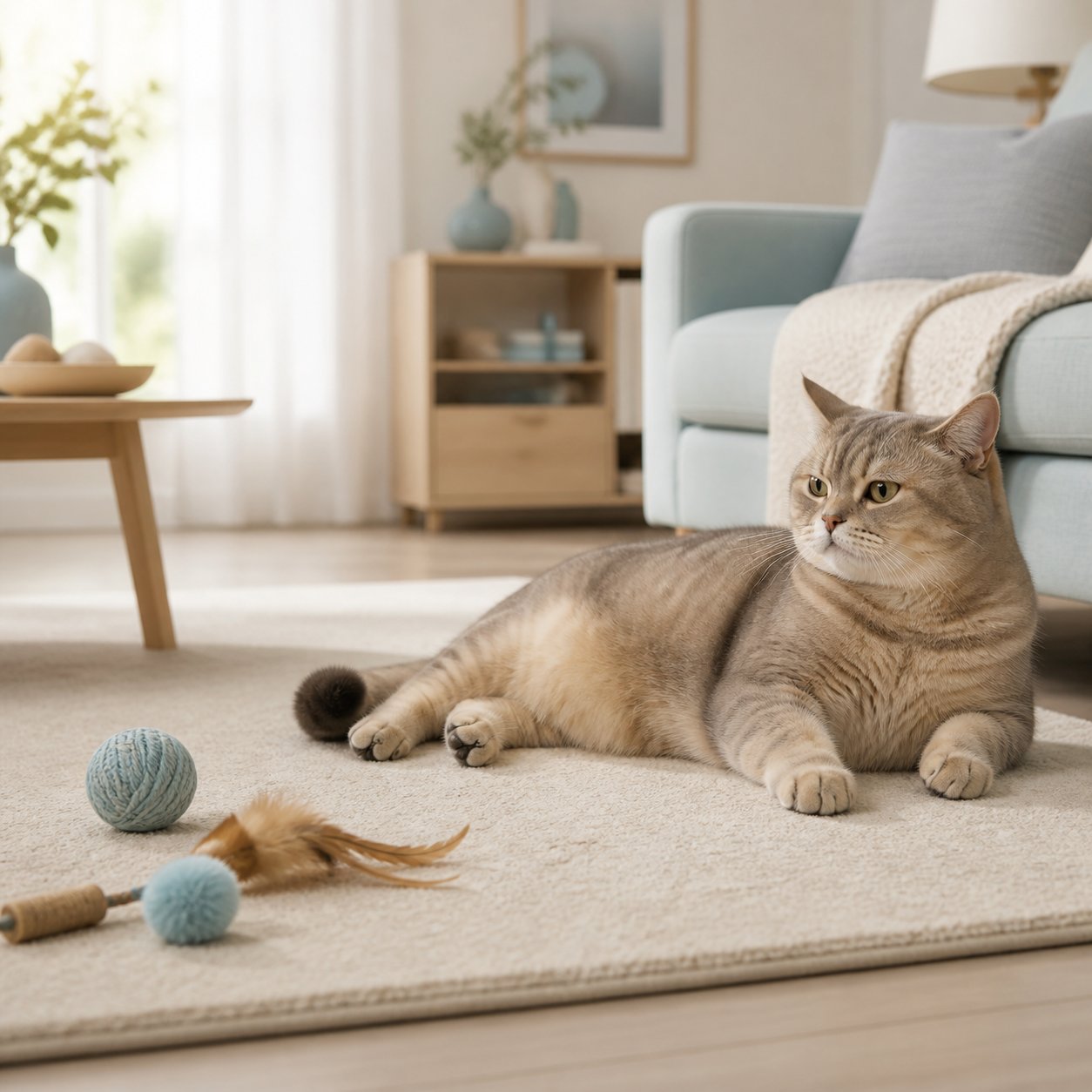 Low-activity cat lying near unused toys