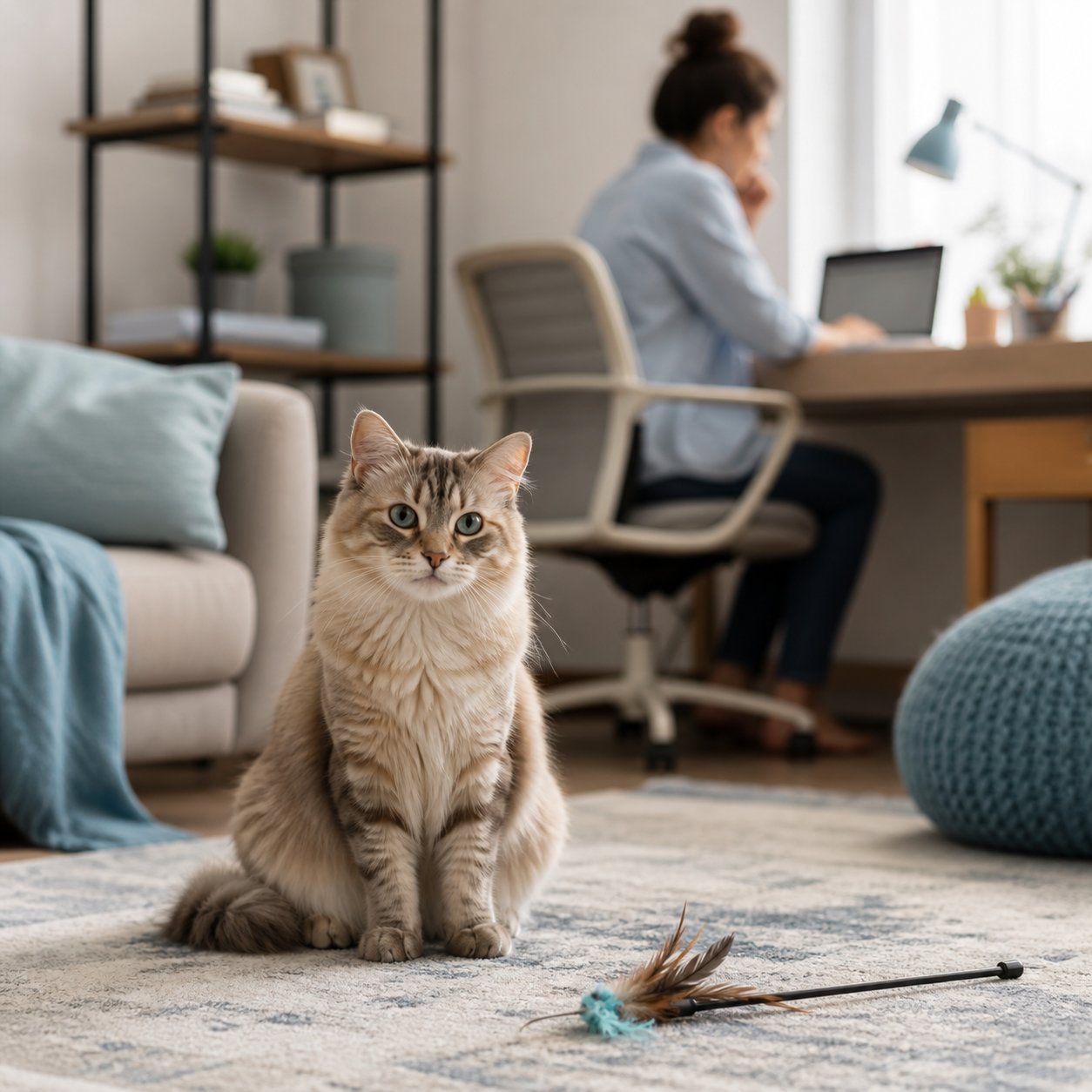 Cat waiting while owner is busy working