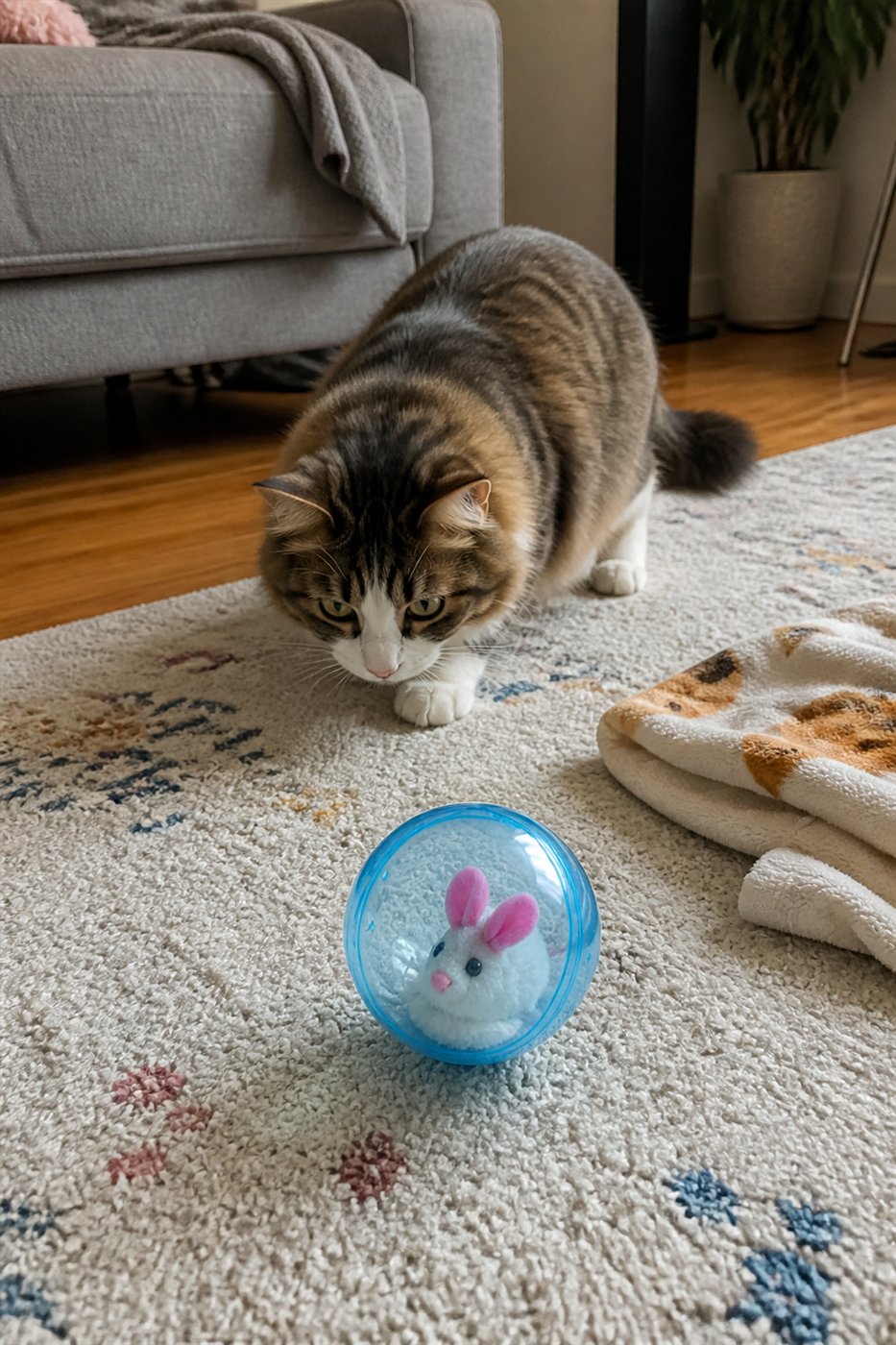 Customer cat focused on the blue self-rolling cat ball