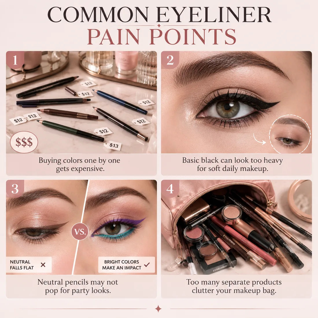 Common eyeliner pain points including expensive single colors, heavy black liner, flat neutral pencils, and cluttered makeup bags