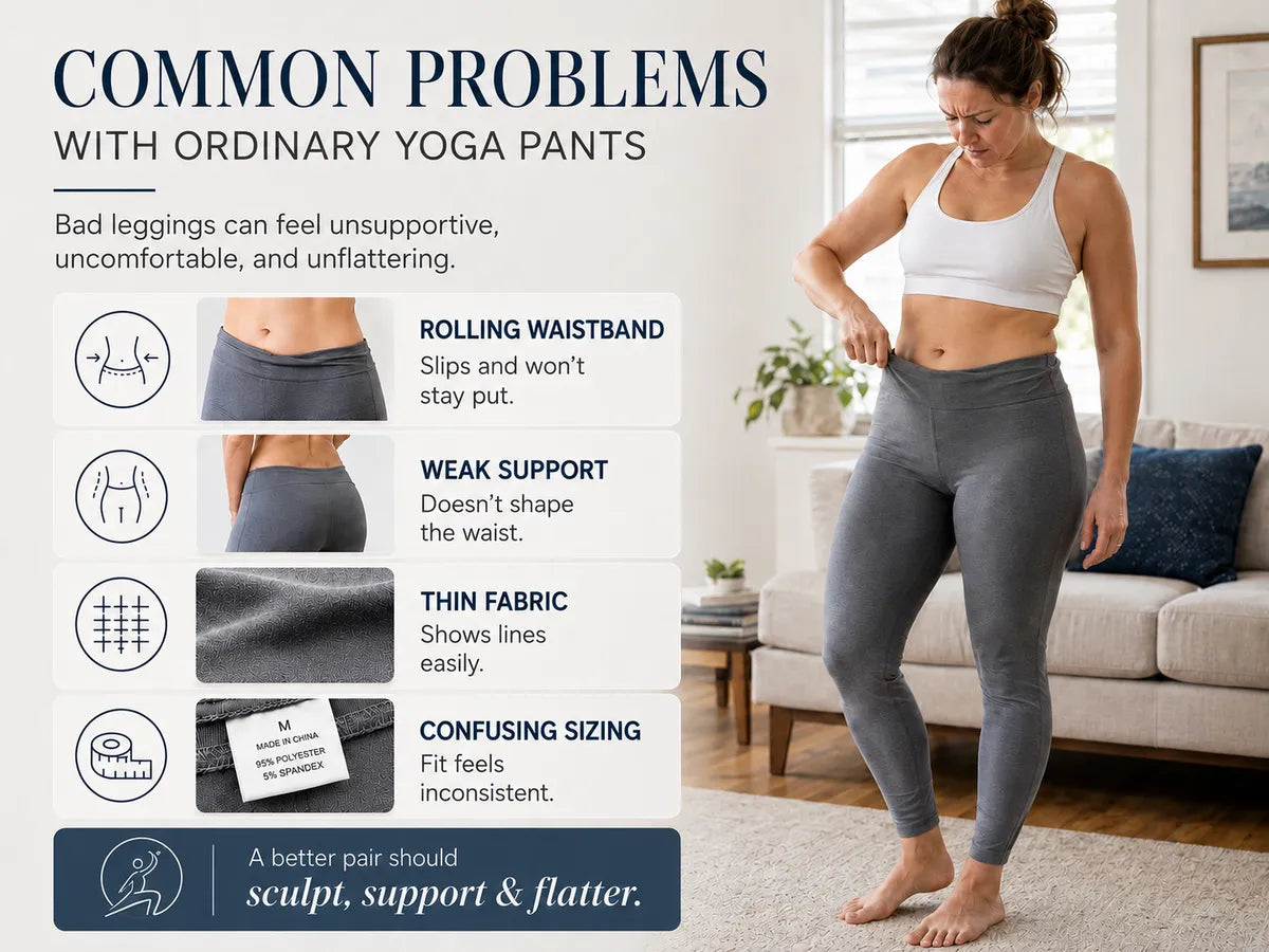 Common problems with ordinary yoga pants including rolling waistband, weak shape support, thin fabric, and unclear sizing