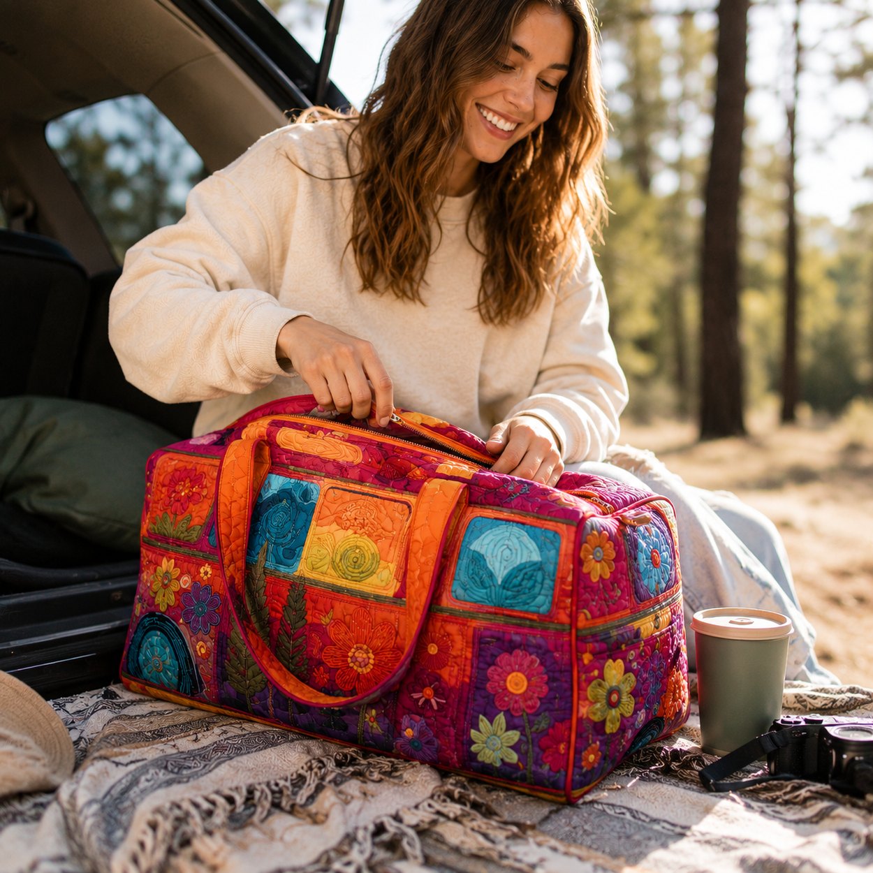 Colorful boho quilted weekender after switching from plain duffels